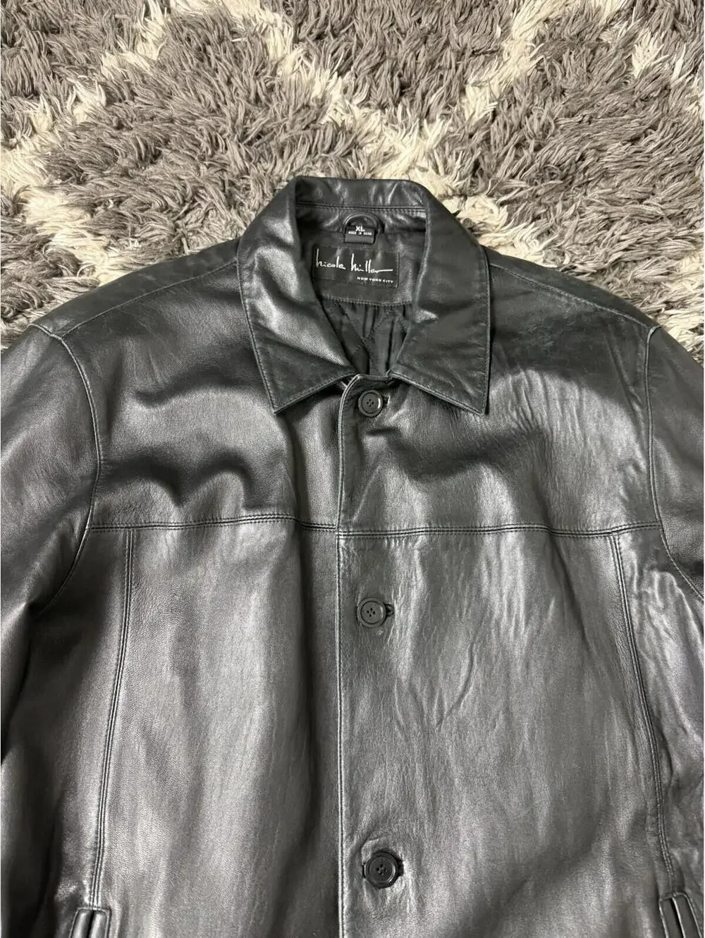 VTG Nicole Miller New York Black 100% Genuine Leather Jacket Quilted Pockets XL